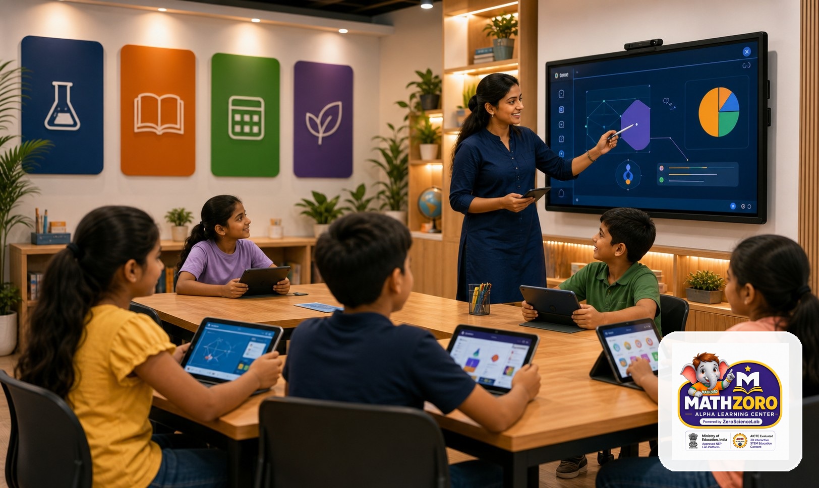 Alpha Learning Center partner classroom with tablets and digital board